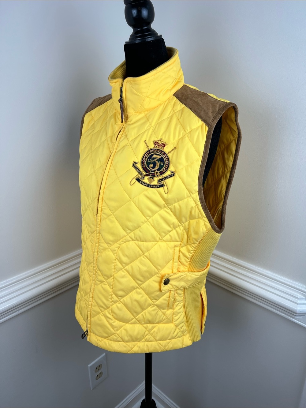 Ralph Lauren Sport Yellow Essex Crest Quilted Vest Suede Trim XL